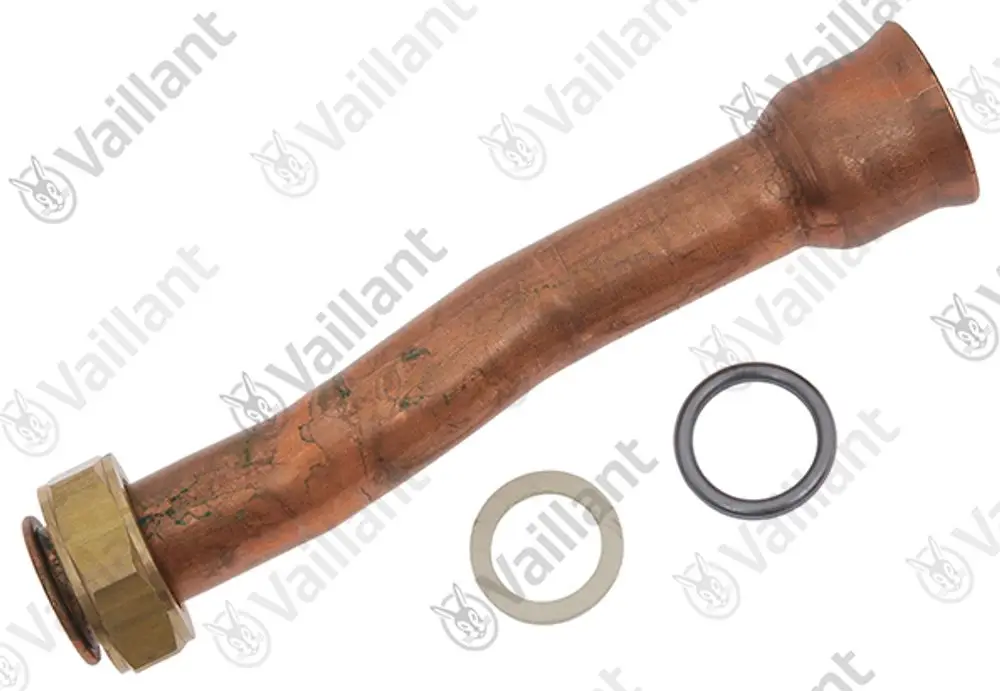 Kupferrohr von Vaillant mit einer gewellten Form, einer Mutter am Ende und zwei Dichtungen (eine aus Gummi und eine aus Metall).